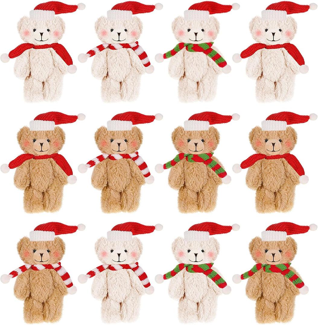 Shappy 12 Pcs Christmas Mini Stuffed Bears Bulk Small Stuffed Animals Keychain 6 Inch Plush Bear with Scarf Hat Tiny Doll for Birthday Christmas Party Decorations Craft(Classic)