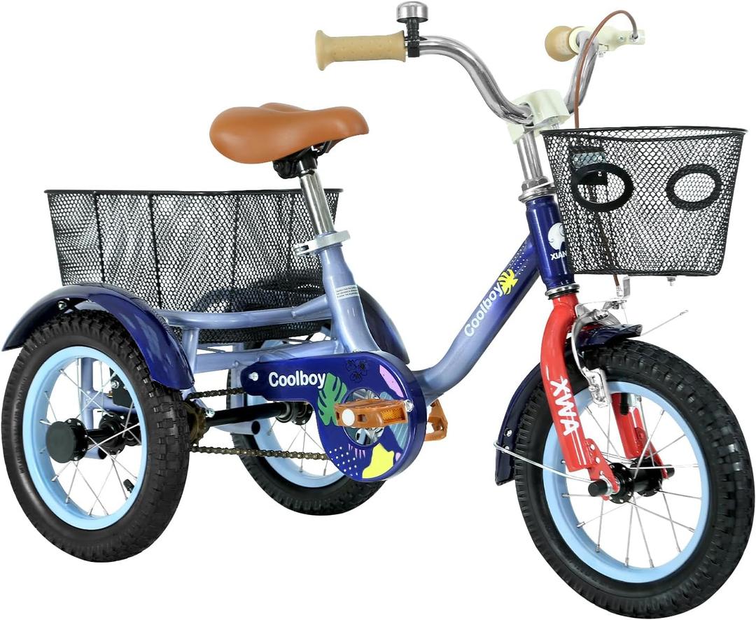 12 inch Trike,Kids Tricycle,Kids Trike,for Ages 3+ Beginner Riders, with Front Rear Basket and Passenger Seat, for Shopping Picnic Outdoor Kids Playground Sports,Multiple Colors (Blue)