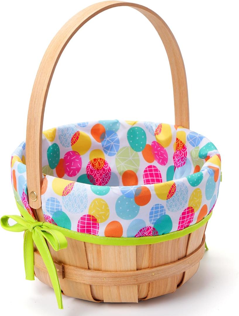 JOYIN Easter Wooden Basket with Liner, Portable Wood Buckets with Folding Handle, Easter Eggs Candies Party Favor Storage Container, Empty Gift Basket for Egg Hunt, Kids Party Treats & Picnic
