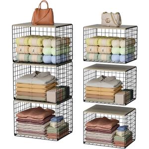 Extra-Long Closet Organizers and Storage with Top Board, 3 Pack Stackable Closet Shelf Organizer, Double Storage Design Clothes Storage Cube/Bin Organizer for Wardrobe,Space-Saving, Black,Sturdy,Metal (15.74"L*12"W*12.2"H)