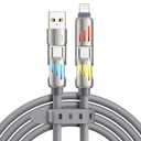 RAVIAD 240W 4 in 1 Charging Cable 4FT, Chubby USB A/C to C/L Multi Charger Cable with RGB LED Light Compatible with iPhone 16 15 14 Pro Max/Plus/Samsung USB C to C Multi Charging Cable for All Devices