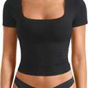 YEOREO Womens Tops Short Sleeve Going Out T Shirts Scoop Neck Slim Fit Double Lined Pattiy Crop Tops (Small, Black)