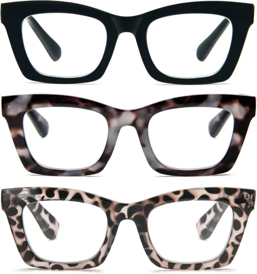 REAVEE Reading Glasses for Women, Blue Light Blocking Stylish Oversized Computer Readers Spring Hinge (Black/Blue Leopard/Clear Leopard)