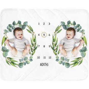 Tebaby Baby Monthly Milestone Blanket Twins - Newborn Month Blanket Unisex Neutral Personalized Shower Gift Leaf Nursery Decor Photography Background Prop with Wooden Wreath Large 51''x40''