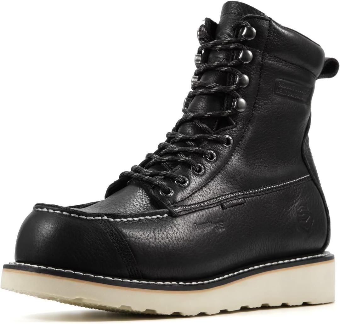 SUREWAY Mens 8" Heavy Duty Waterproof Work Boots for Men - Composite Toe,EH Construction Industrial Safety Leather Boots,GoodyearWelt,Lace Up Wedge Moc Toe,Oil/Slip Resistant Comfortable Outsole (12)