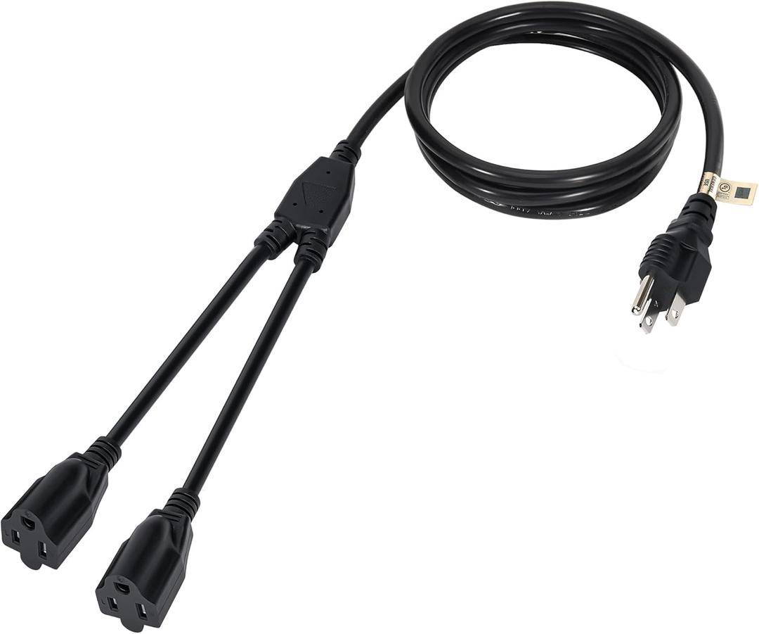 2 Way Power Cord Splitter Cable 6 Ft-3 Prong 1 to 2 Extension Cord-Outlet Saver-Elecan Male to Female Y Splitter Power Extension Cable StripUL Certified SJTW 16 Gauge 13 A/125 V Black