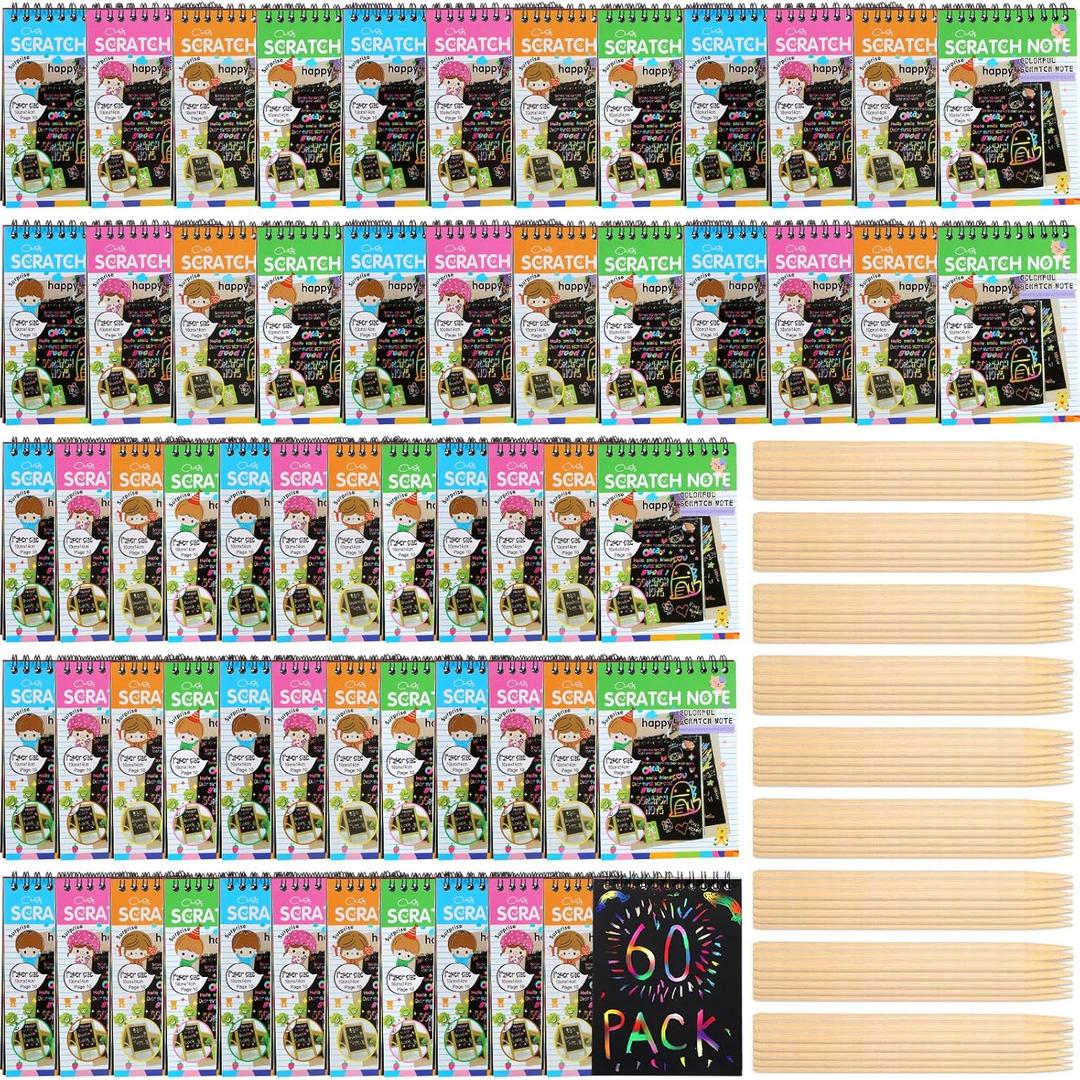 Fulmoon 60 Pcs Bulk Scratch Note Pads Scratch Paper Notebooks Rainbow Party Favors with Wooden Stylus Coloring Books DIY Arts and Crafts for Birthday Game Gift