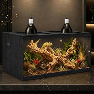 PROLEE 120 Gallon Bearded Dragon Tank, 4x2x2 Reptile Enclosure with Wood Side Panels, Tempered Glass Front Sliding Doors and Ventilated Mesh Roof, Large Lizard Habitat, Black