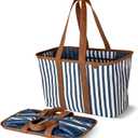 CleverMade Collapsible LUXE Tote, 30L Foldable Grocery Shopping Bag with Structured Frame, Reinforced Bottom & Comfortable Handles, Reusable Car Tote for Errands, Beach, Laundry & Storage, Navy Stripe