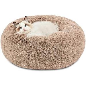 Bedsure Calming Cat Beds for Indoor Cats - Small Cat Bed Washable 20 inches, Anti-Slip Round Fluffy Plush Faux Fur Pet Bed, Fits up to 15 lbs Pets, Camel
