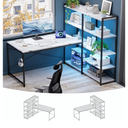 Pamray L Shaped Computer Desk with Reversible Side Storage Shelves, 49 Inch Gaming Desk with Power Outlets and Led Lights, PC Table for Home Office and Bedroom Marble