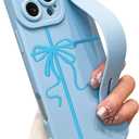 for iPhone 16 Pro Max Case with Wrist Strap Elegant Bow Ribbon Design with Adjustable Wristband Kickstand Shockproof Soft TPU Camera Protection Phone Cover for Women Girls - Blue Ribbon
