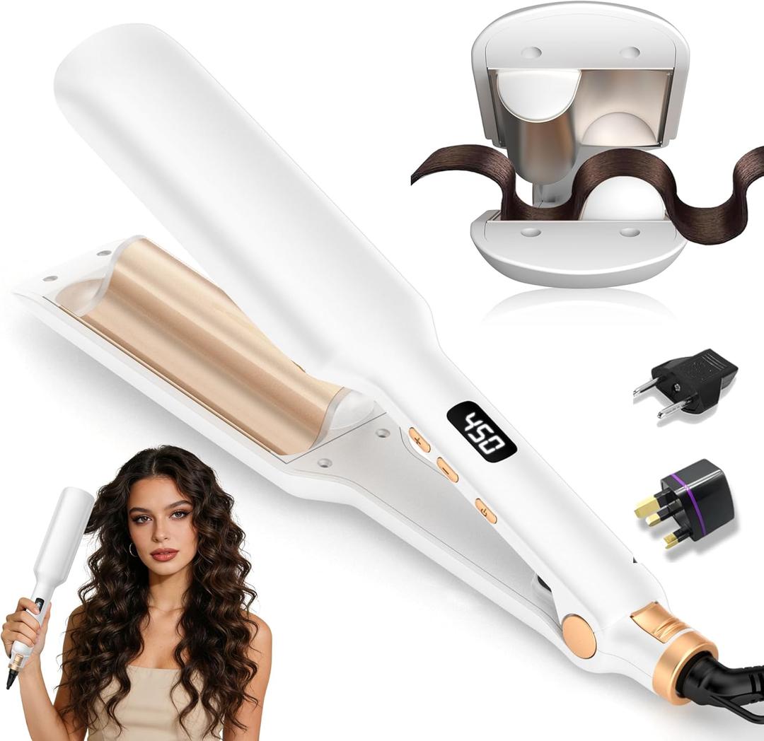Hair Crimper Waver Curling Iron, 1/2 Inch Beach Waves Curling Wands, Ceramic 2 Barrels Deep Waver, Dual Voltage Hair Culer Tools with EU/UK Plug Adapter,12 Temps, 30S Heat up, Auto-Off (White Gold)