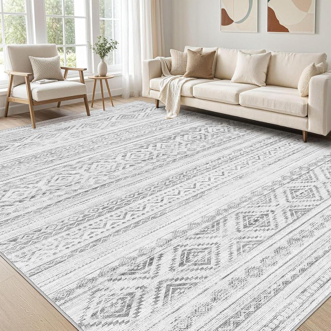 5x7 Area Rug Living Room: Washable Boho Rugs with Non Slip Backing Large Soft Indoor Stain Resistant Carpet for Bedroom Farmhouse Dining Room Lightweight Home Decor Light Grey