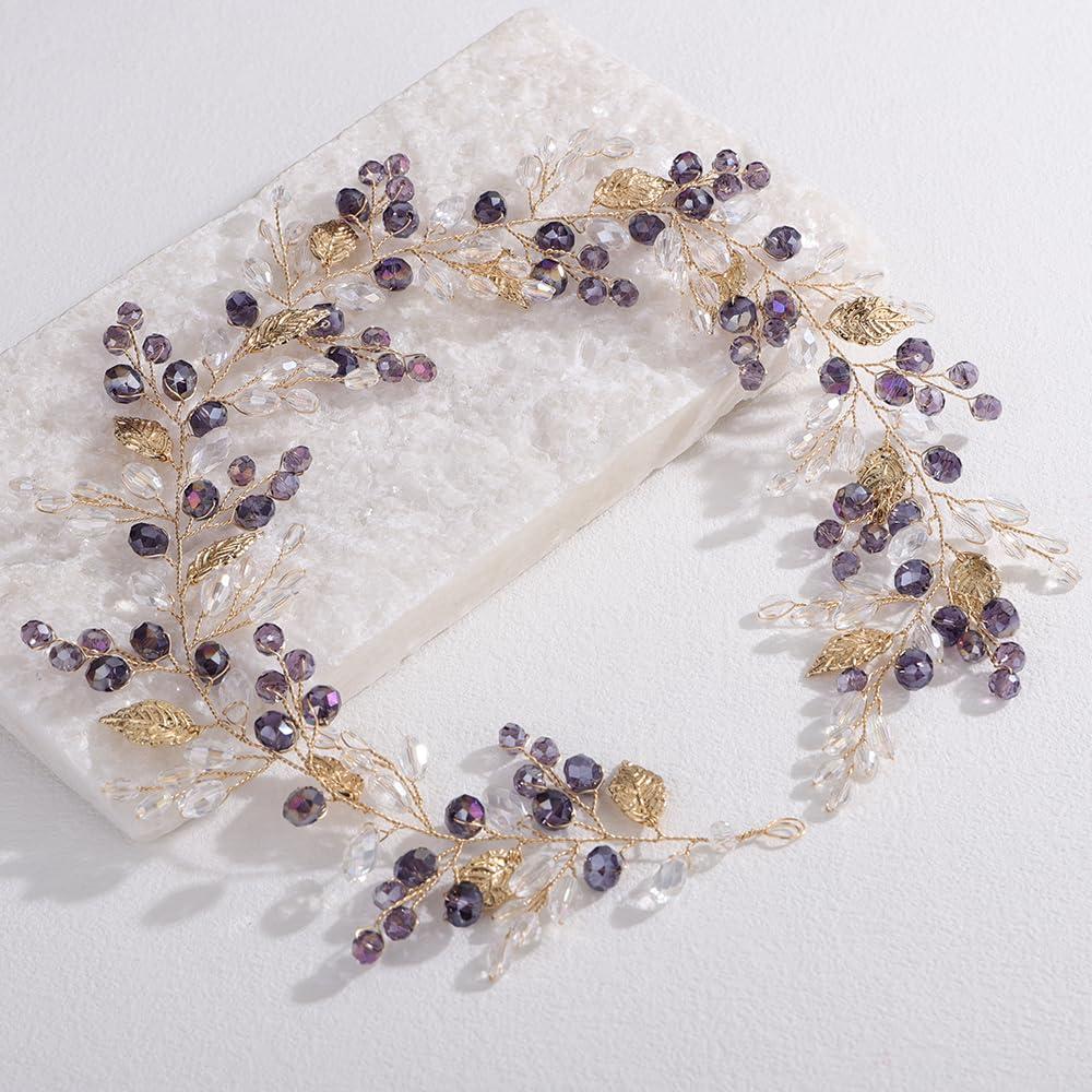 Dainty Rhinestone Beads Hair Vine Gold Leaf Crystal Beads Hairband Handmade Leaf Rhinestone Headpiece Vintage Leaves Beads Hair Vine for Wedding Women (Purple, free size) (Pack of 1)