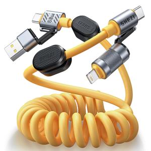 4-in-1 Coiled USB C Cable for Car [60W Fast Charging] USB C to Lightning Cable [CarPlay&Android Auto] Charger Cord with L/Type C/USB A Multi Ports for iPhone/iPad-5ft Yellow (SHEZI-Series)