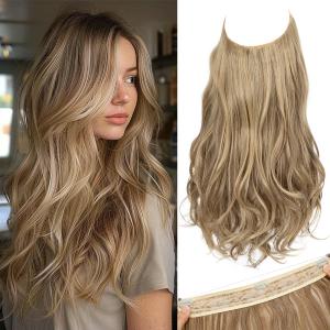 SARLA Invisible Wire Hair Extensions with 3 Clips Short Wavy Curly Synthetic Hairpiece for Women Adjustable Transparent Headband 14 Inch Sand