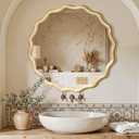 Circle Wood Mirrors for Wall, Wavy Round Bathroom Scalloped Mirror Wooden Frame 28 Inch for Living Room Farmhouse Bedroom Hallway Entryway Living Room with Shatterproof Glass Wall Mounted
