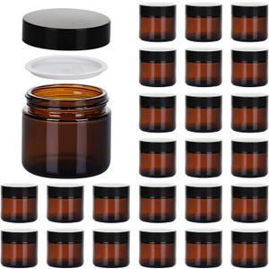 2oz Jars with Lids, Hoa Kinh 24 Pack Amber Glass Jars with Lids Empty Cosmetic Containers Round Airtight Glass Jar with Inner Liners and black Lid for Storing Lotions, Powders, and Ointments