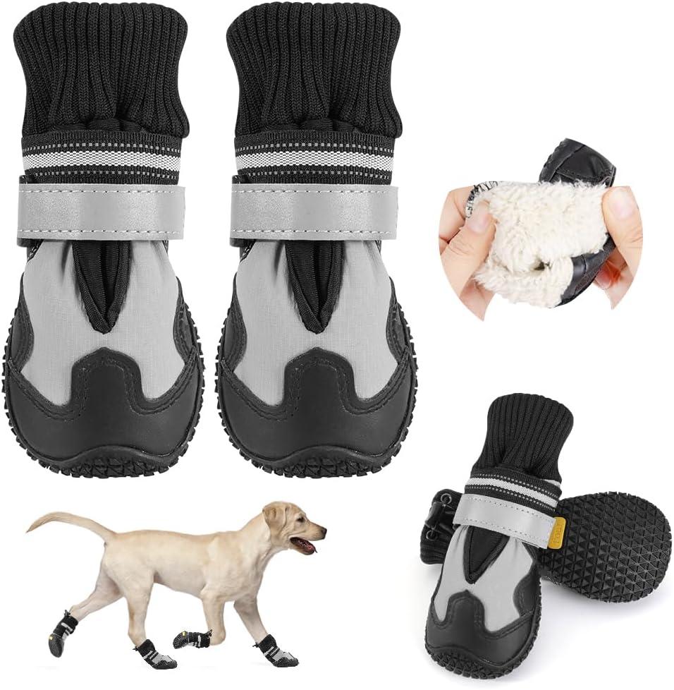SlowTon Dog Boots - Waterproof Fleece Lined Dog Shoes for Large Small Medium Dogs, Soft Rubber Paw Protector for Winter Snow, Dog Booties for Outdoor Walking Hiking Rain, Grey - Black Stitching, 5 (#5 (Width 2.4 inch) for 44-55 lbs)