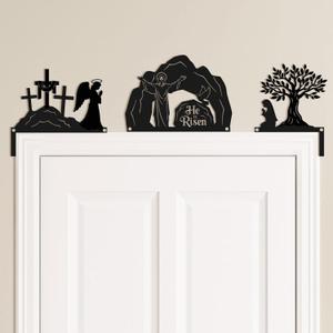 Blulu 3 Pcs Easter Door Decorations Metal He Is Risen Door Toppers Religious Easter Frame Corner Sign for Spring Christian Cabinet Shelf Window Wall Home Office Kitchen Church Decor(Religious), 8.6 x 11.4 inch-10.1 x 6.9 inch