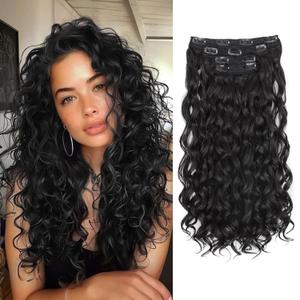 QGZ Curly Clip in Hair Extensions 4PCS Black Yaki Texture Synthetic Lace Weft Hair Extensions for Women 18 Inch