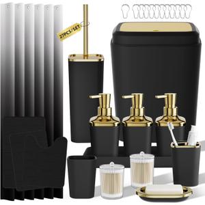 Bathroom Set - 27PC Bathroom Sets with Shower Curtain and Rugs, Black Bathroom Set, Black Bathroom Accessories Set with Push-lid Trash Can, Toilet Brush & Soap Dispensers