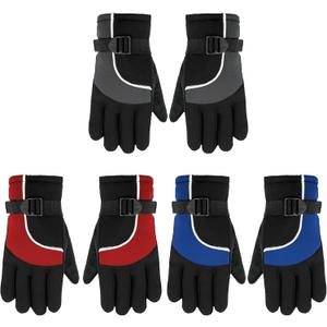 SATINIOR 3 Pairs Kids Waterproof Winter Gloves Warm Snow Ski Gloves Adjustable for Boy Girl Toddler Cold Weather (4-8 Years,Red, Blue, Gray)