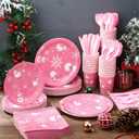 Pickmesh 400 Pcs Winter Snowflake Plates and Napkins Set Snowman Snowflake Dinnerware Disposable Tableware Set with Cups Knives Forks Spoons for Winter Party Supplies Table Decor, Serves 50(Pink)