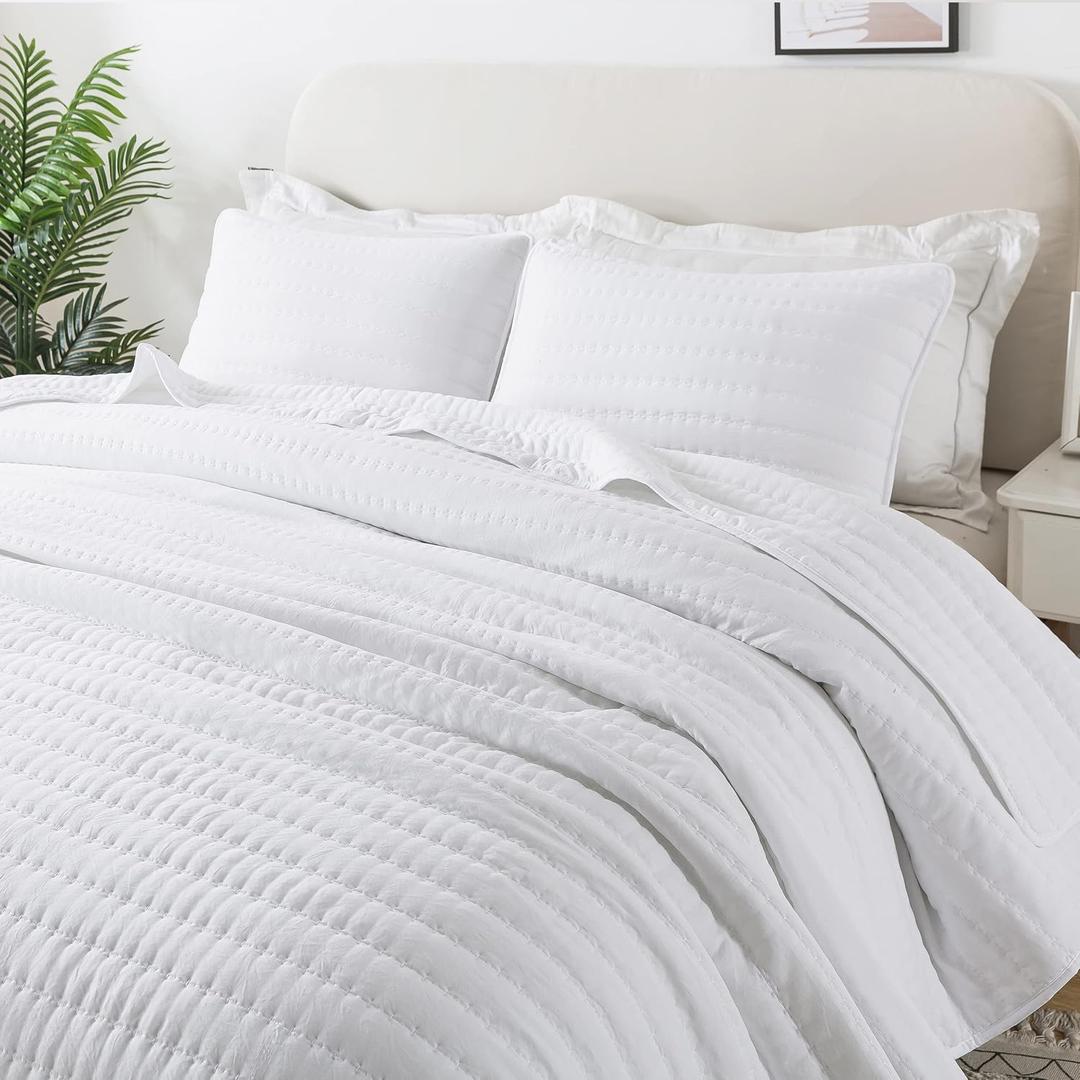 ROARINGWILD White Twin Size Quilt Bedding Sets with Pillow Sham, Lightweight Soft Bedspread Coverlet, Quilted Blanket Thin Comforter Bed Cover for All Season, 2 Pieces, 68x90 inches
