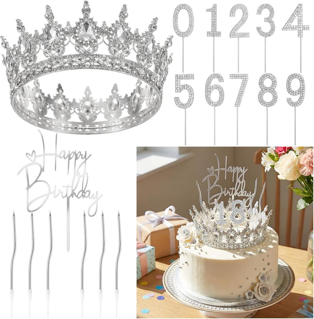 Quelay 13 Pcs Happy Birthday Cake Topper Decorations Set Queen Crown Rhinestone Princess Tiara Cake Topper Numbers Candles 0-9 Happy Birthday Decor for Women Wedding Anniversary Party Supplies(Silver)