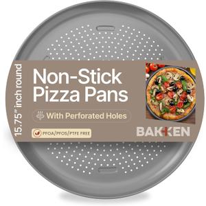 Bakken 16 Inch Non-Stick Pizza Pan 1 Pack, Round Carbon Steel Pizza Tray with Perforated Holes, PFOA, PFOS, & PTFE-Free, Dishwasher & Oven Safe Up To 450F, Durable Nonstick Coating, Silver