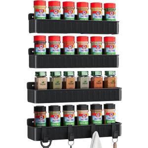 Nieifi Spice Rack Wall Mount, 4 Pack, Black, Screw or Adhesive Installation, Spice Rack Organizer for Your Kitchen Cabinet or Pantry Door