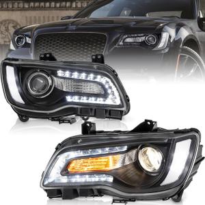 LED DRL Headlights Compatible for 2011-2023 Chrysler 300 300C Projector w/Led DRL Black Housing Chrome Reflector Front Headlamp Pair