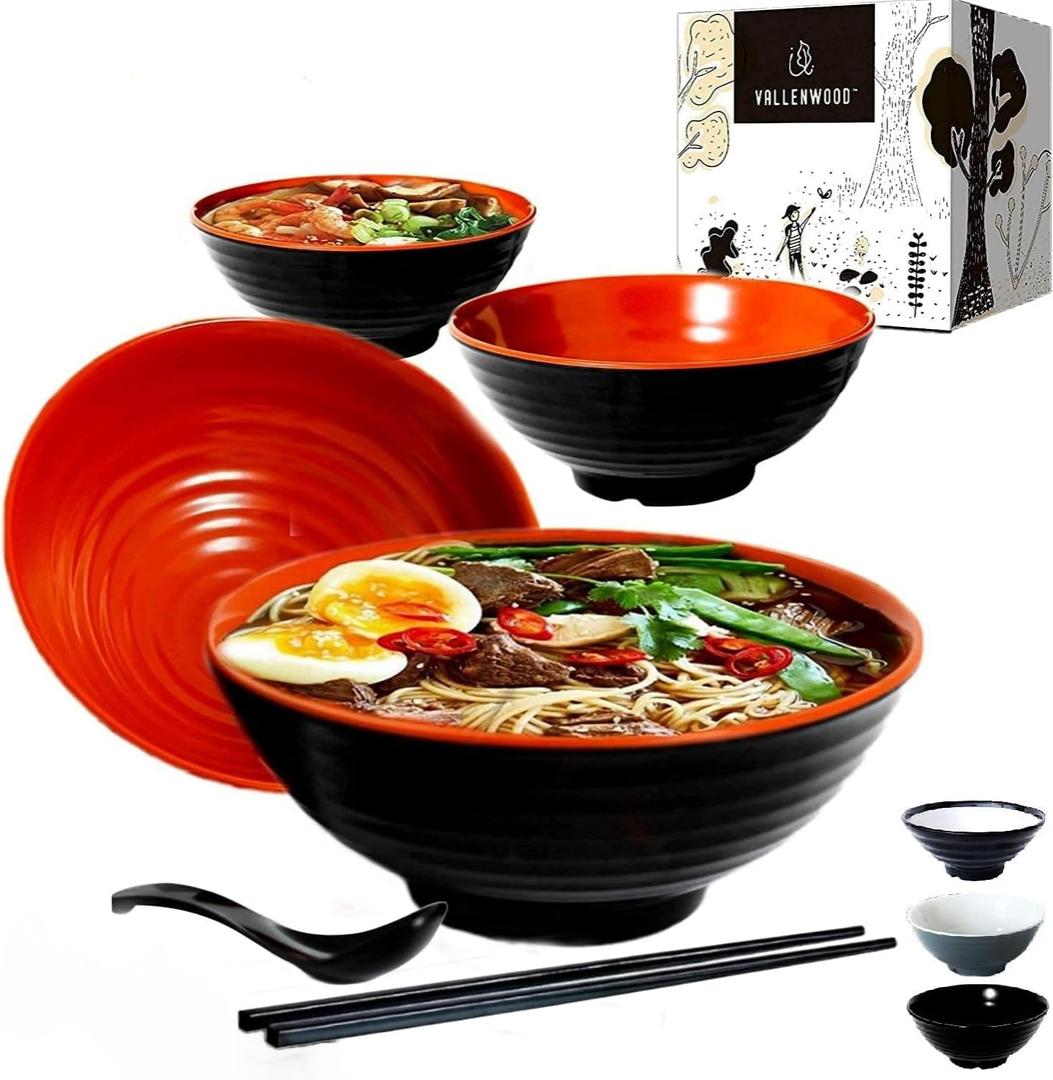 4 Ramen Bowls, 12 pieces Pho set. Red Black Ramen Bowl Set. Unbreakable Melamine. Asian Japanese soup. Spoons And Chopsticks kit. . XL 37 oz. Noodles, Rice, Udon, Thai, Chinese, Korean, Wonton, Miso (Red Black x4)