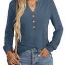 EasyGala Womens V Neck Long Sleeve Shirts Henley Dressy Casual Tops Loose Fit Trendy Tees Fall T Shirts Outfits 2025 Navy Blue (L)