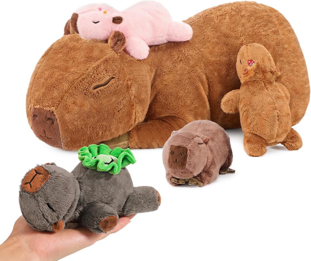Ditucu 5Pcs Capybara Stuffed Animal Mommy 16.5 inch with 4 Babies 6.6 inch Family Set Cute Plushies Toys Gifts for Kids