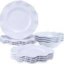 12-Piece White Beaded Melamine Dinnerware Sets  Chip-Resistant Plates & Bowls, Farmhouse Dining Set includes 4 dinner, 4 Salad and 4 Bowl  Ideal for RV, Cabin, Daily Use