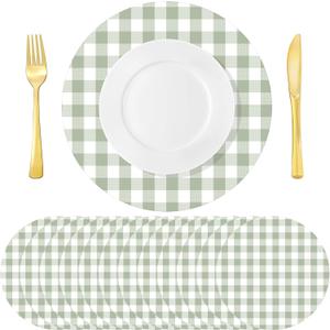 60 Pcs Green and White Gingham Disposable Paper Placemats Round Table Place Mat Summer Checkered Decorative Paper for Baby Shower Wedding Birthday Party Dinner Table Decor
