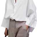 UOOZEE Womens Button Down Shirt Casual 3/4 Sleeve Loose Fit Collared Work Blouse Tops (Large, White)