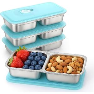 4Pcs 304 Stainless Steel Bento Boxes, 30 oz 2 Compartments Portable Food Storage Containers Snack Boxes with Leakproof Lids, Divided Meal Prep Lunch Box Food Container Dishwasher Safe (4PCS-Ocean Blue)