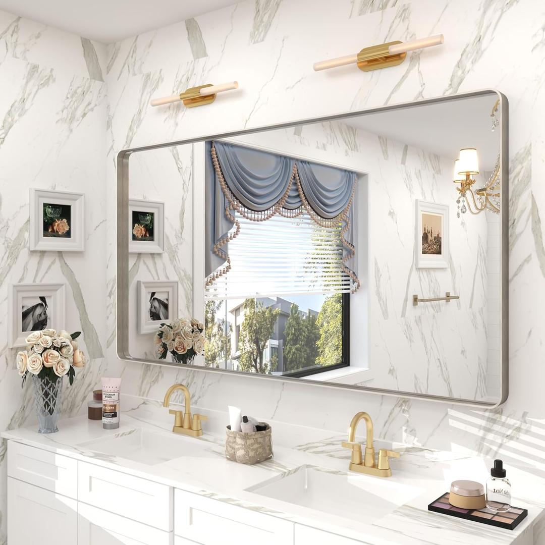 55x30 Silver Bathroom Mirror for Wall, Brushed Metal Silver Framed Bathroom Vanity Mirror, Rounded Corner Rectangle Mirror, Shatterproof, Anti-Rust (Horizontal/Vertical)