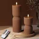 Warm Brown Ribbed Flameless Pillar Candles with Remote, Real Wax Flickering Battery LED Candles Christmas Decor Gift Set of 2
