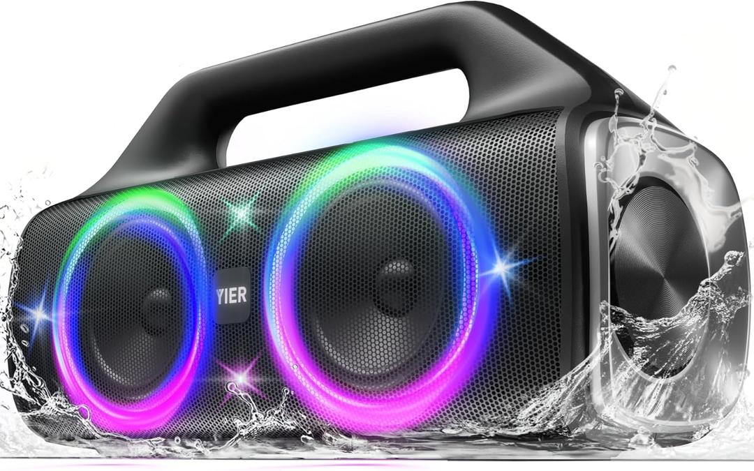 YIER Speakers, 80w (Peak) Portable Wireless Speaker with Lights, Stereo Loud Sound, IP67 Waterproof, Deep Bass Outdoor Speakers Bluetooth 5.3 Dual Pairing for Home Party Beach Camping, Gifts