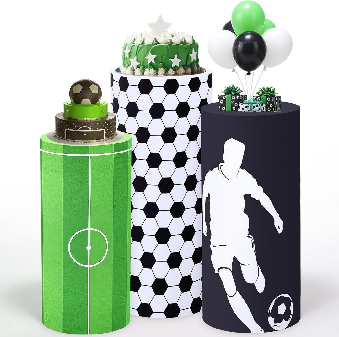 Set of 3 Soccer Spandex Cylinder Stand Covers for Party, Football Flexible Cylinder Pedestal Covers, Dessert Tables Display for Sport Themed Birthday Party Wedding Backdrop Decor(Soccer) (Black, White, Green)