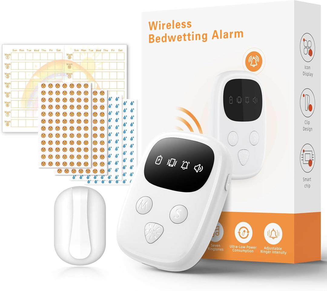 2026 New Wireless Bed Wetting Alarm for Boys and Girls, White Bedwetting Alarm, Compact & Comfortable Wireless Sensor, 7 Melodies 3 Modes,Includes Progress Card and Stickers
