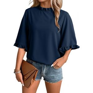 EVALESS Summer Outfits for Women Crewneck Bell Sleeve Tops with Ruffled Trim Cute Shirts Casual Loose Fit 2025 (Large, Dark Blue)