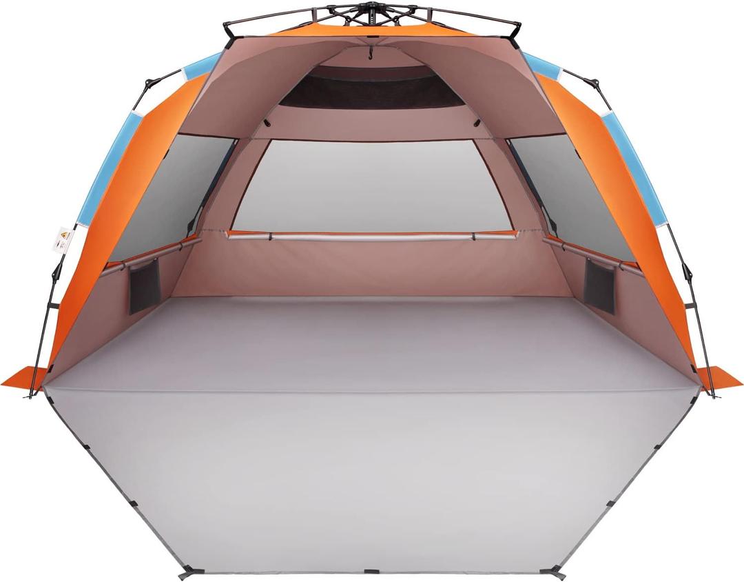 Oileus XX-Large Beach Tent Sun Shelter for 5-6 Person Portable Sun Shade Instant Pop Up Tent for Beach with Carrying Bag, Stakes, 6 Sand Pockets, Anti UV for Fishing Hiking Camping, Waterproof (Orange)