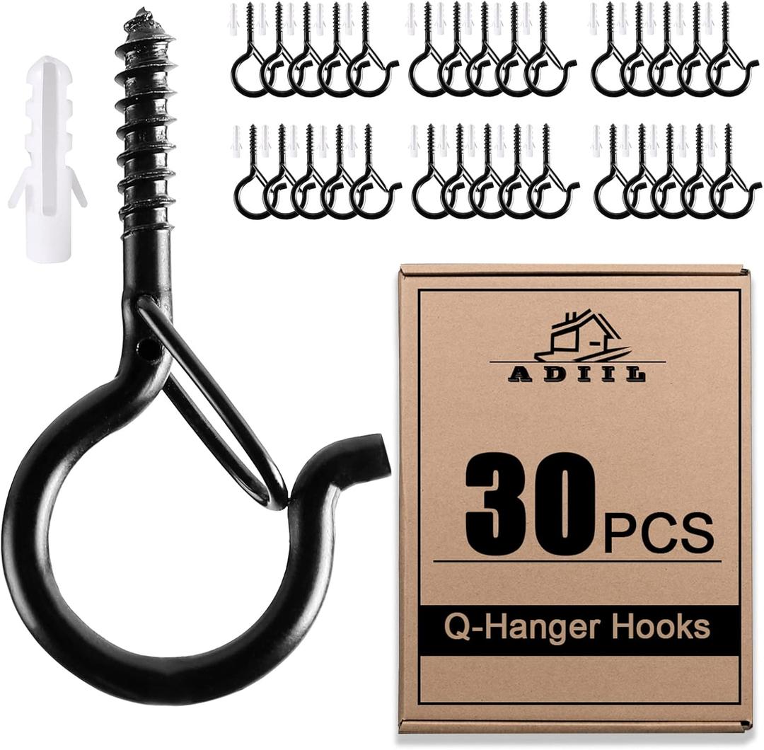 ADIIL 30 PCS Q Hanger Hooks with Safety Buckle, Windproof Screw Hooks for Hanging Outdoor String Lights, Plants, Christmas Patio Lights, 2.2 Inches, Black
