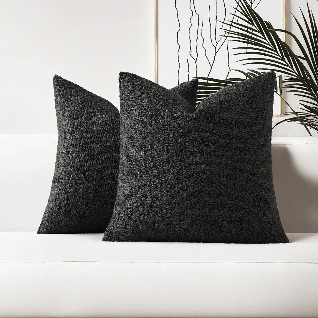 HAUSSY Pack of 2 Pillow Covers 16x16 Inch, Boucle Decorative Throw Pillows Soft Boho Neutral Cushion Covers Home Decor Modern Pillow Cases for Couch Living Room Sofa Bed, Black (Covers Only)